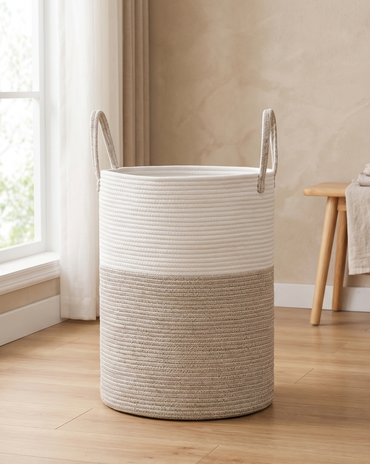 Wasmand Katoen Touw – Boho Design | Gevlochten Wasmand Naturel, 58L | Beige - Maison Roze