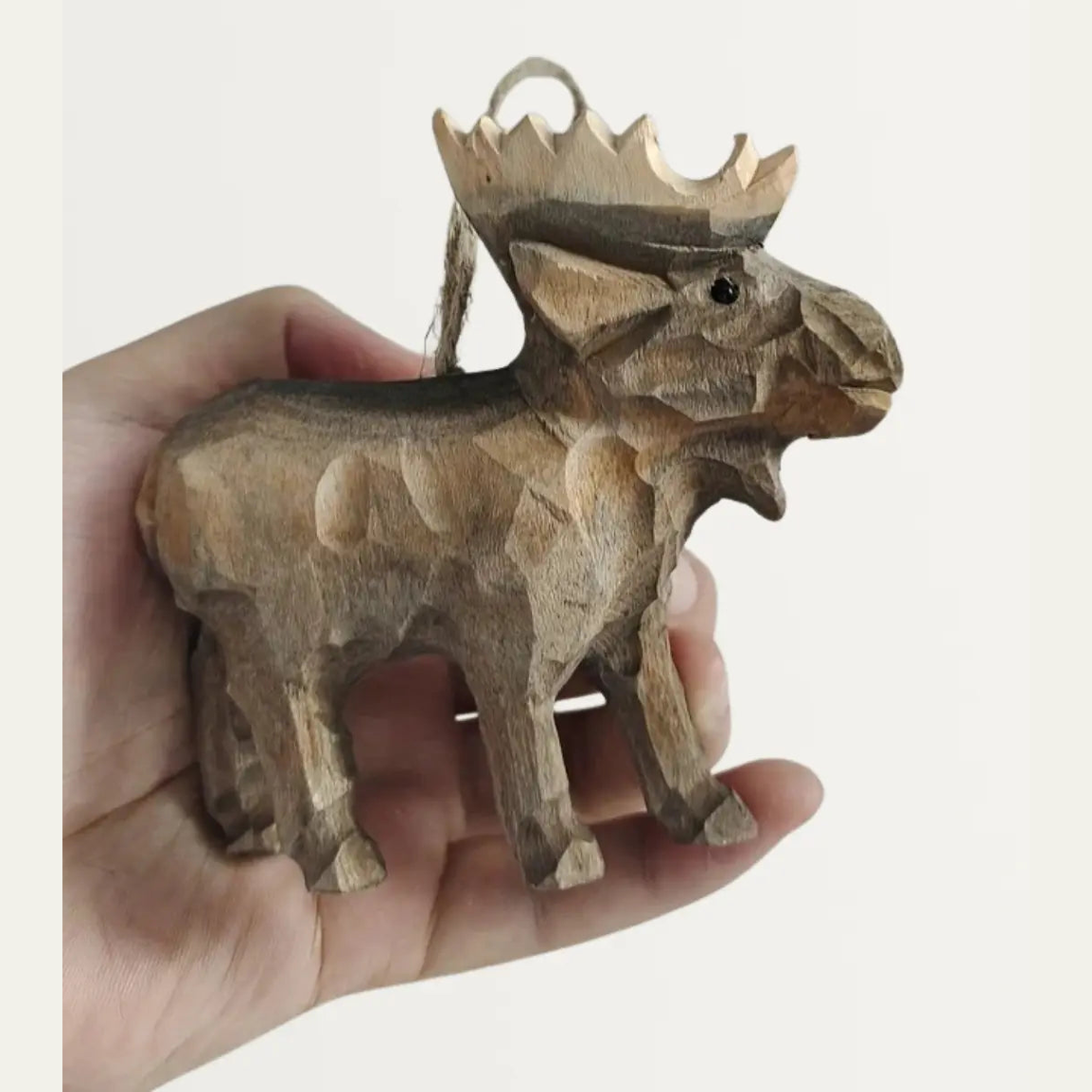 Handgesneden Houten Eland Ornament – Massief Hout Rustieke Kerstdecoratie
