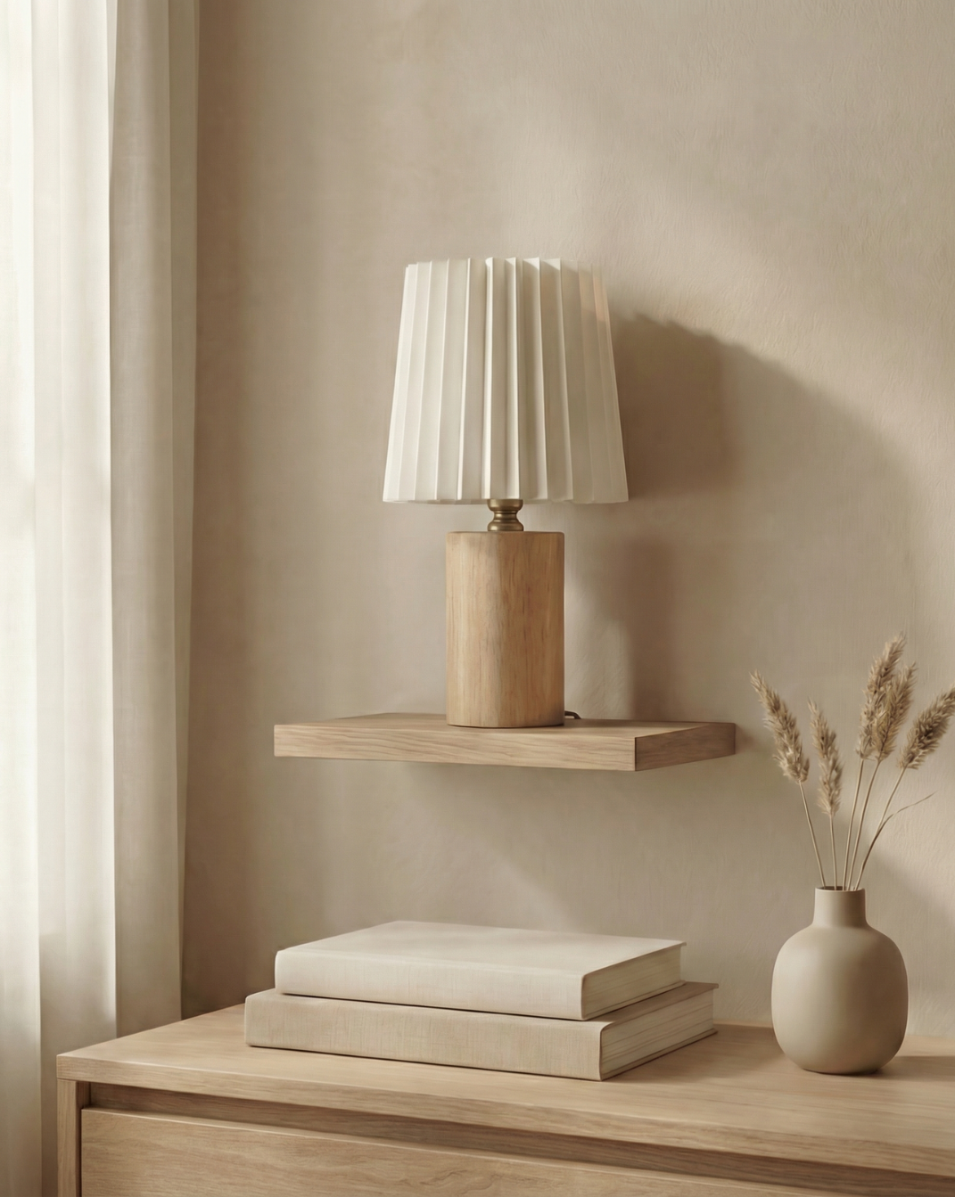 Koreaanse Stijl Tafellamp – Geplooide Stoffen Kap Met Houten Voet | - Maison Roze