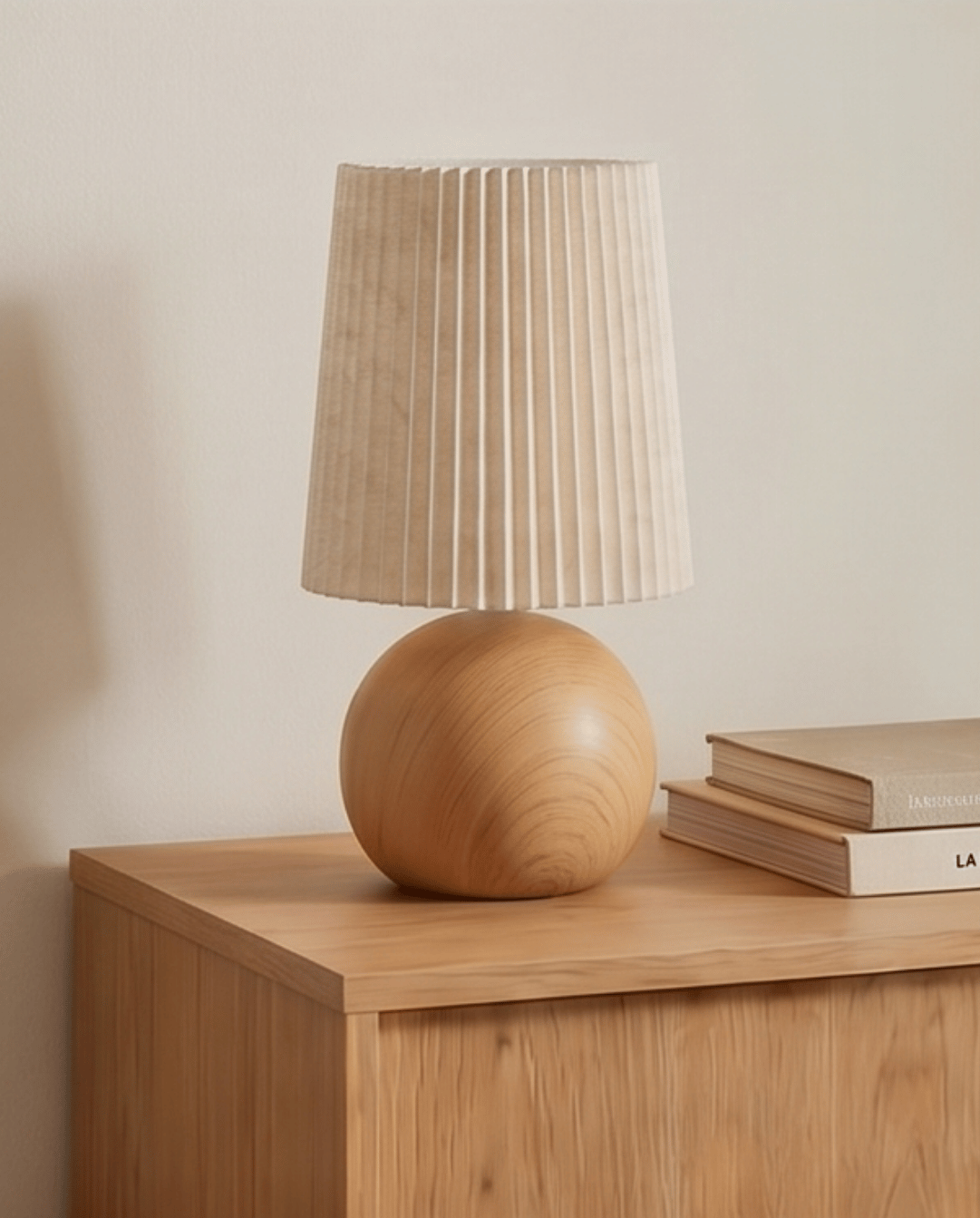 Tafellamp van keramiek met hout design en stoffen kap - rond, 28,5cm | Eiken - Maison Roze