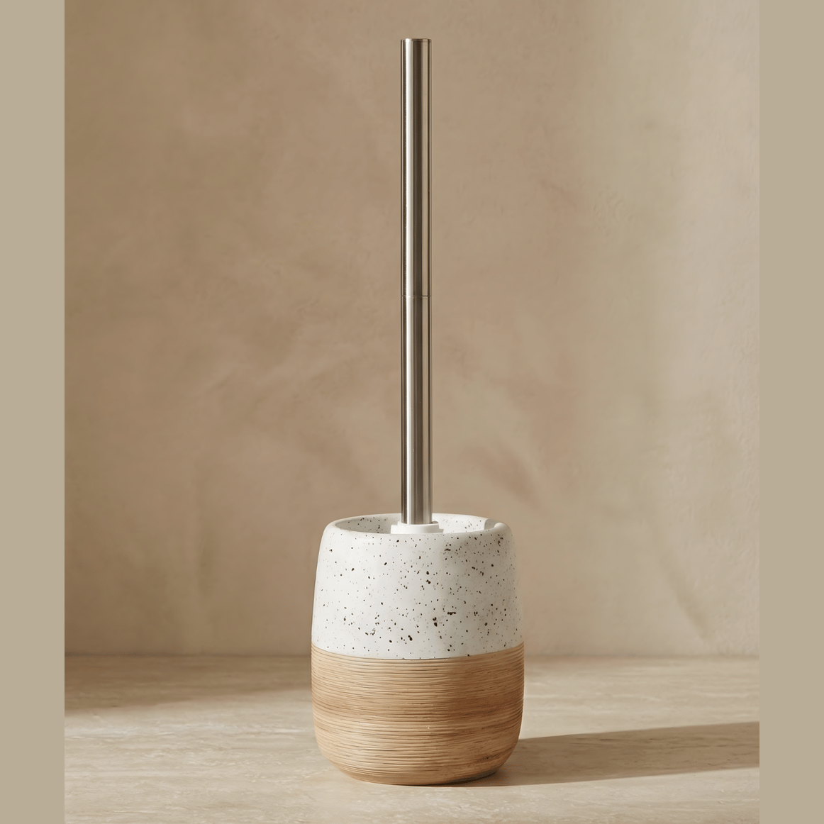 Keramische Toiletborstelset – Houten Textuur Voet – Roestvrijstalen Handvat
