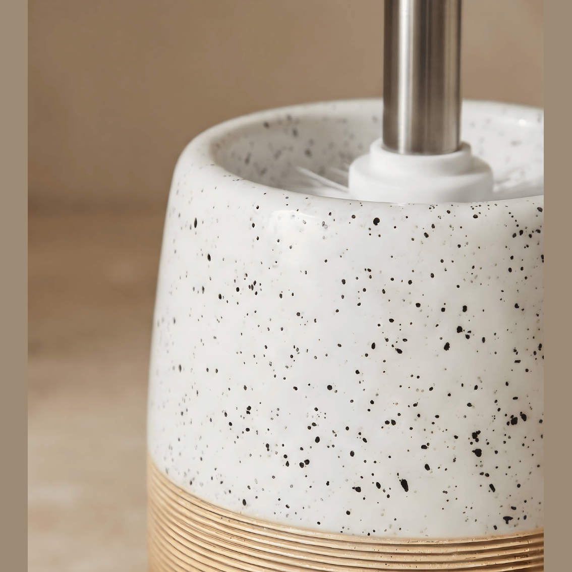 Keramische Toiletborstelset – Houten Textuur Voet – Roestvrijstalen Handvat