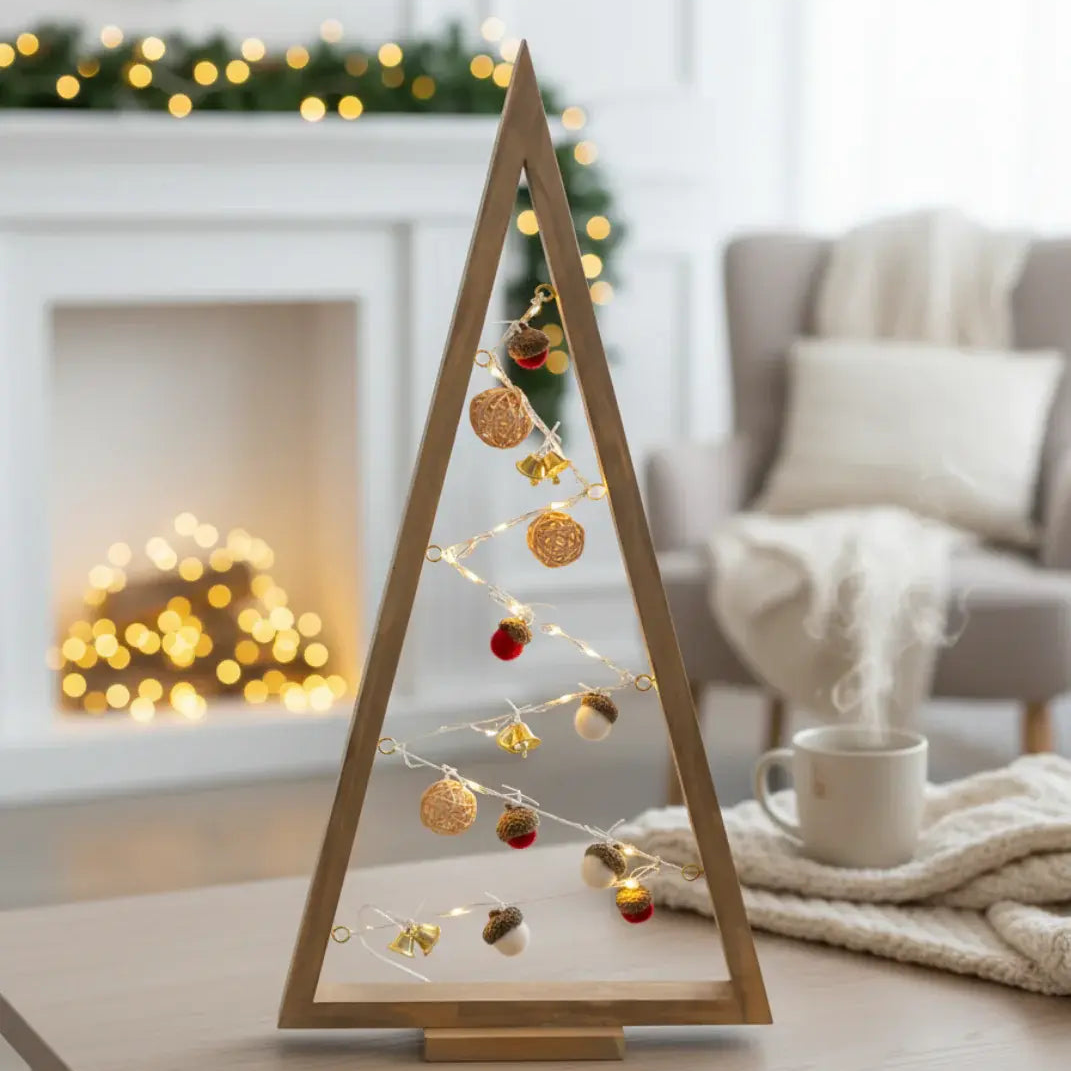 Driehoekige Houten Kerstboom – Minimalistische Tafeldecoratie Met Ornamenten – Massief Hout