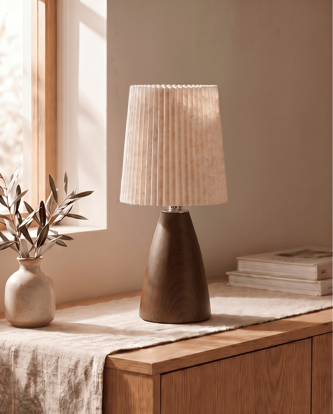 Tafellamp van keramiek met hout design en stoffen kap - kegel | Walnoot - Maison Roze