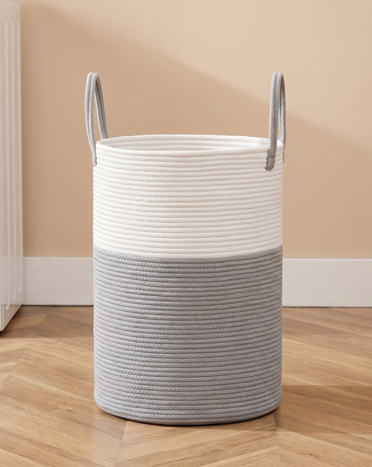 Wasmand Katoen Touw – Boho Design | Gevlochten Wasmand Naturel, 58L | Grijs - Maison Roze
