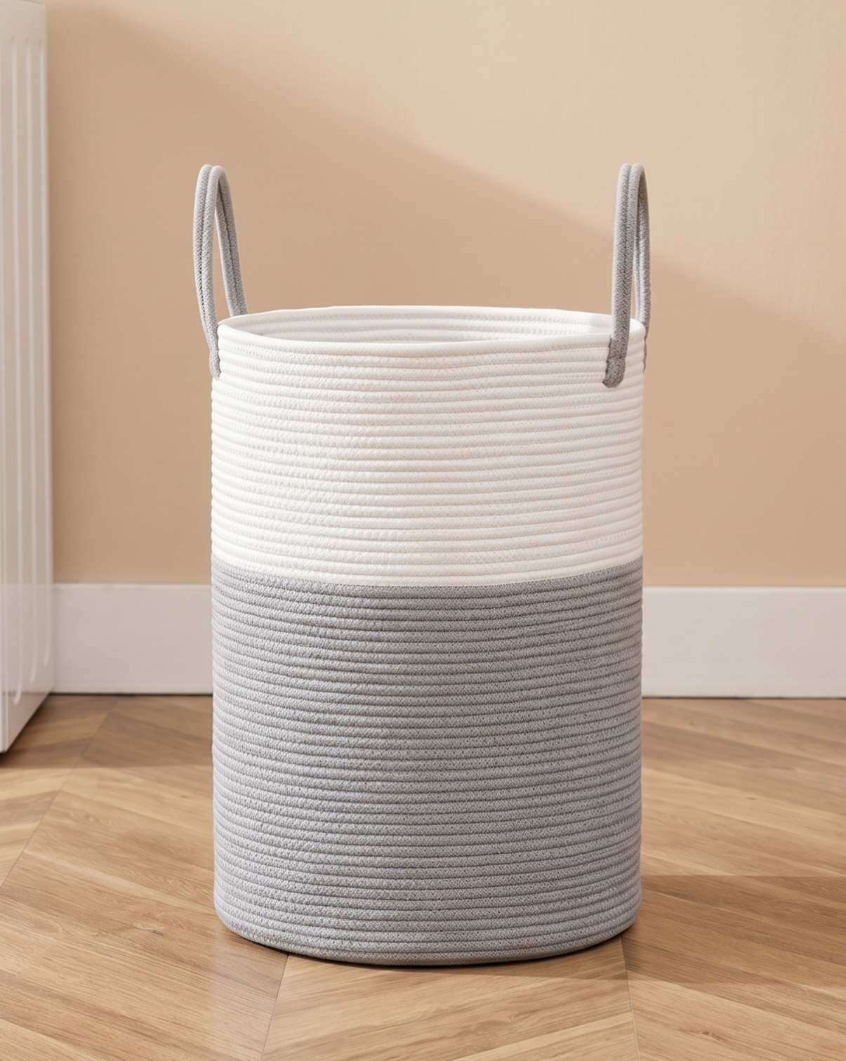Wasmand Katoen Touw – Boho Design | Gevlochten Wasmand Naturel, 58L | Grijs - Maison Roze
