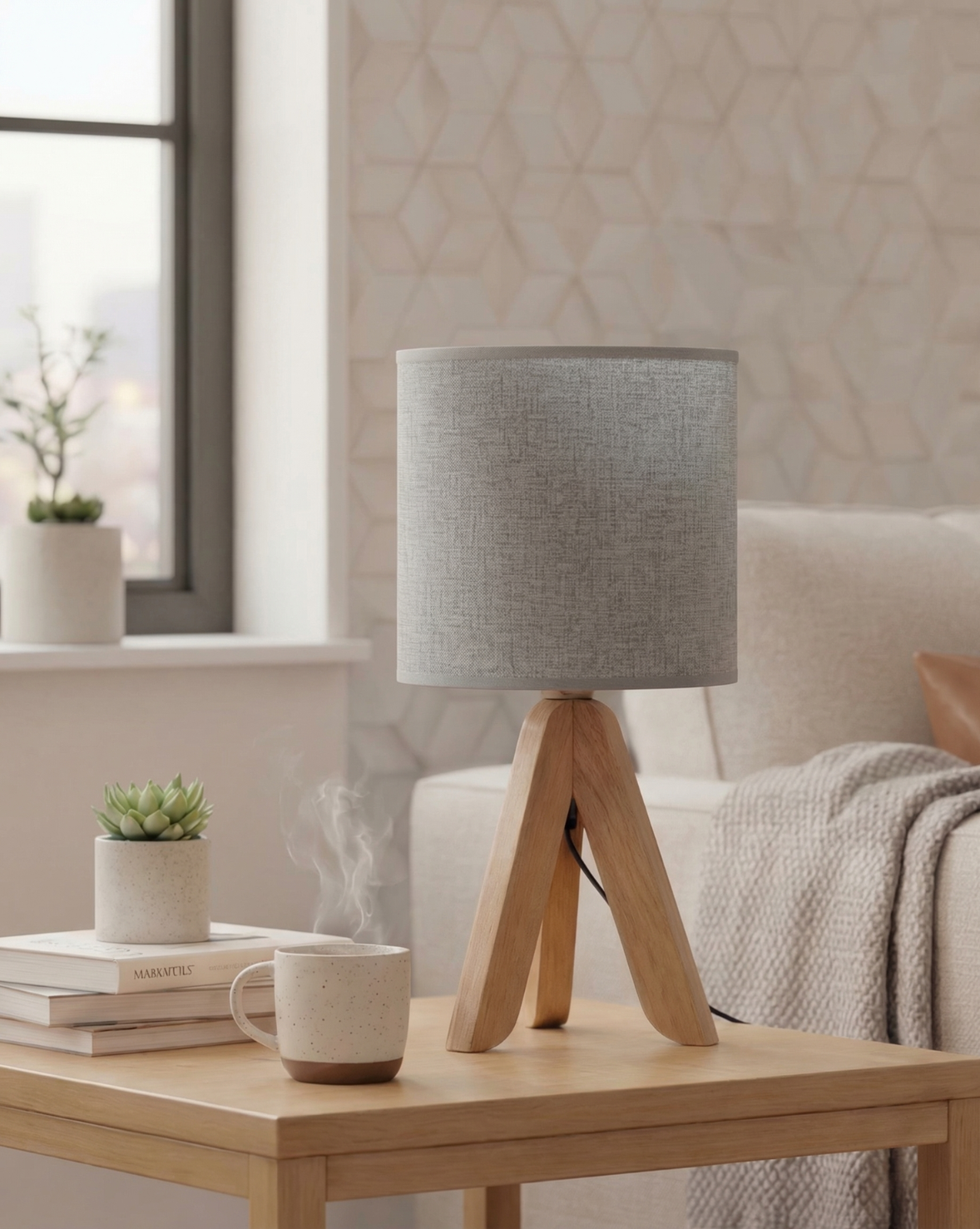 40cm Minimalistische Tafellamp – Houten Tripod Voet Met Stoffen Kap | Grijs - Maison Roze