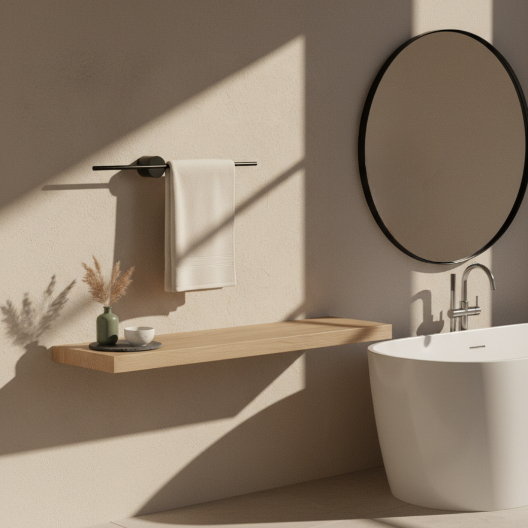 Uitschuifbaar Handdoekrek – Roestvrijstalen Verstelbare Rail – Houten Look Wandbevestiging