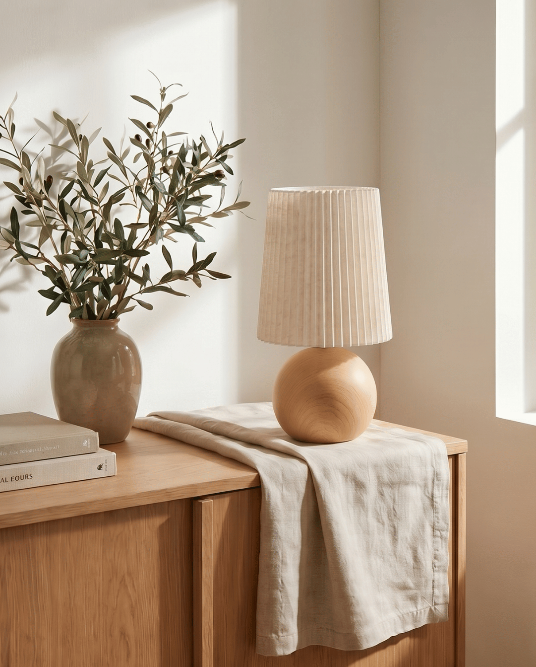 Tafellamp van keramiek met hout design en stoffen kap - rond, 28,5cm | - Maison Roze