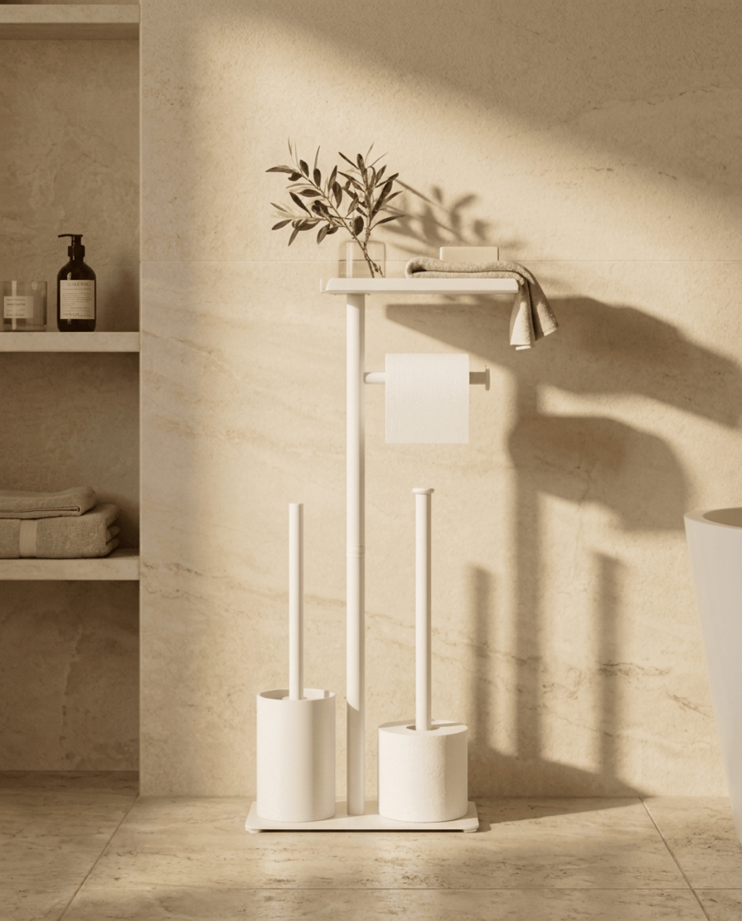 Toiletrolhouder Vrijstaand met Wc-borstel en Wc-rol Opslag Toiletrolbutler | Wit - Maison Roze