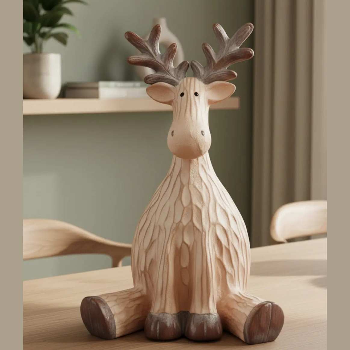 Zittend Feestelijk Rendierbeeld 21,5cm – Polyresin Decoratie Met Bruine Houtafwerking