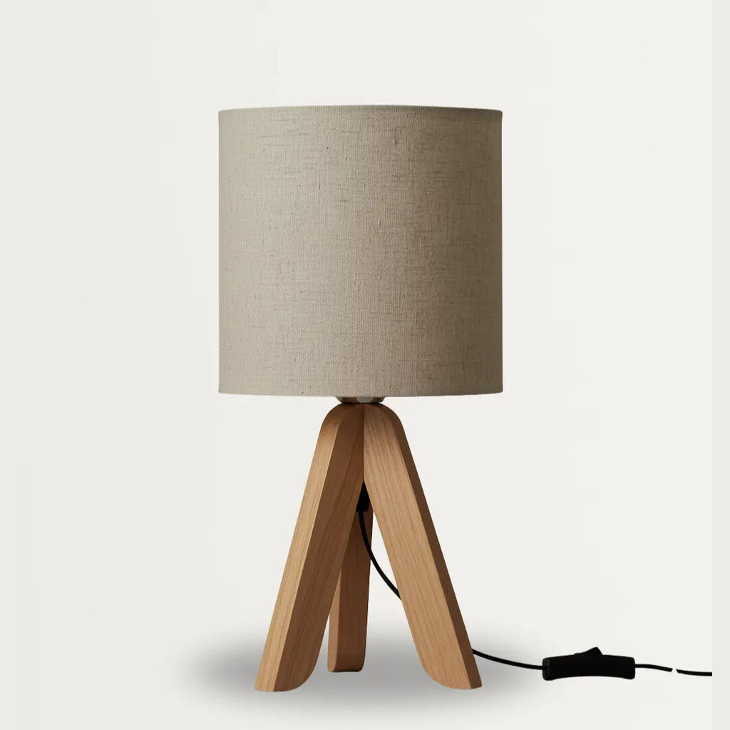 40cm Minimalistische Tafellamp – Houten Tripod Voet Met Stoffen Kap