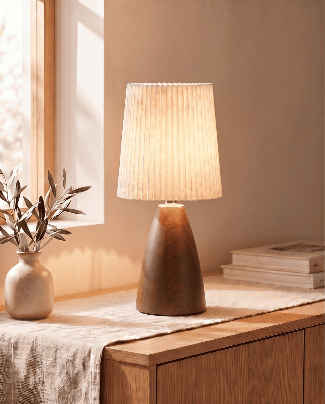 Tafellamp van keramiek met hout design en stoffen kap - kegel | - Maison Roze