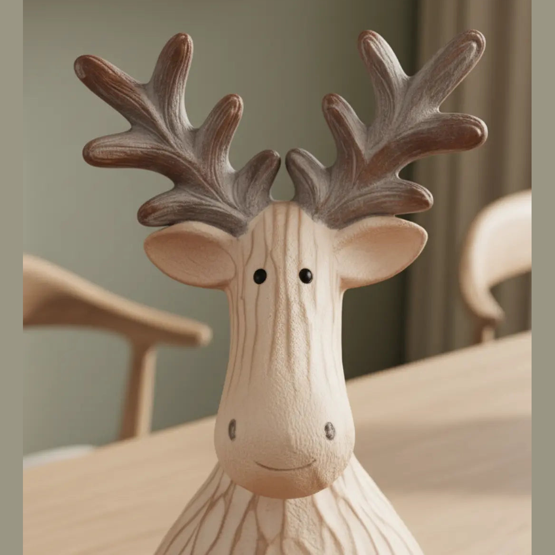 Zittend Feestelijk Rendierbeeld 21,5cm – Polyresin Decoratie Met Bruine Houtafwerking