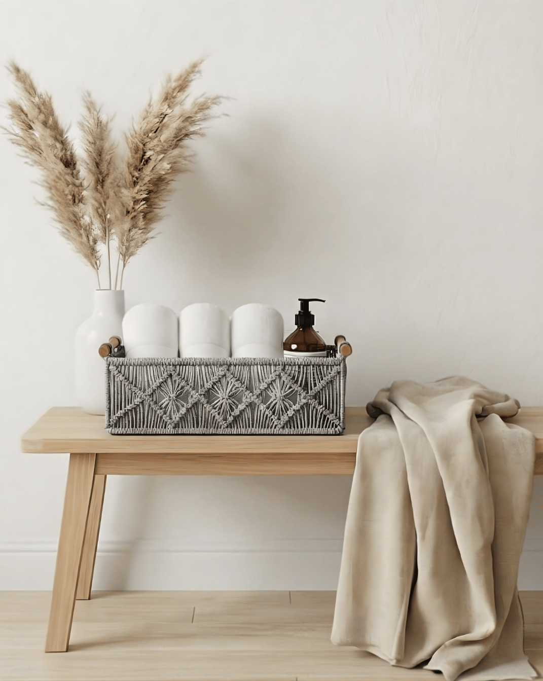 Boho Opbergmandjes Set (2 stuks) - Gevlochten Organizer met Houten Handvatten | - Maison Roze