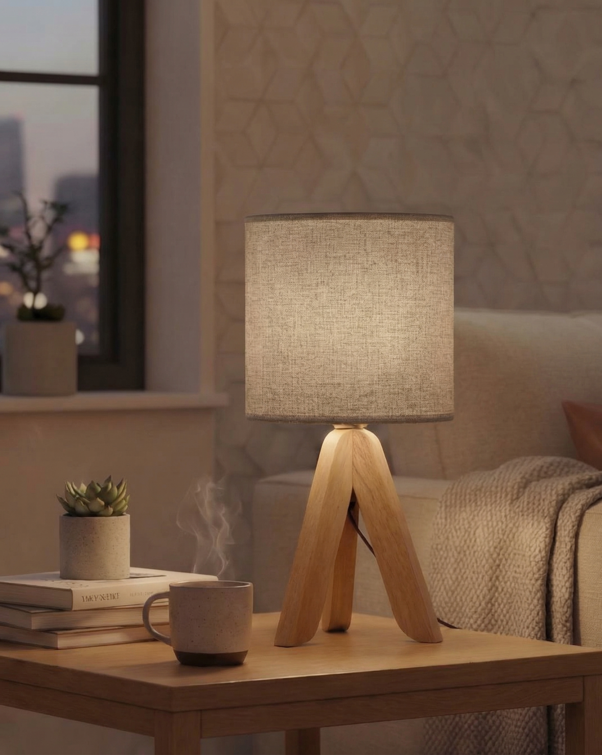 40cm Minimalistische Tafellamp – Houten Tripod Voet Met Stoffen Kap | - Maison Roze