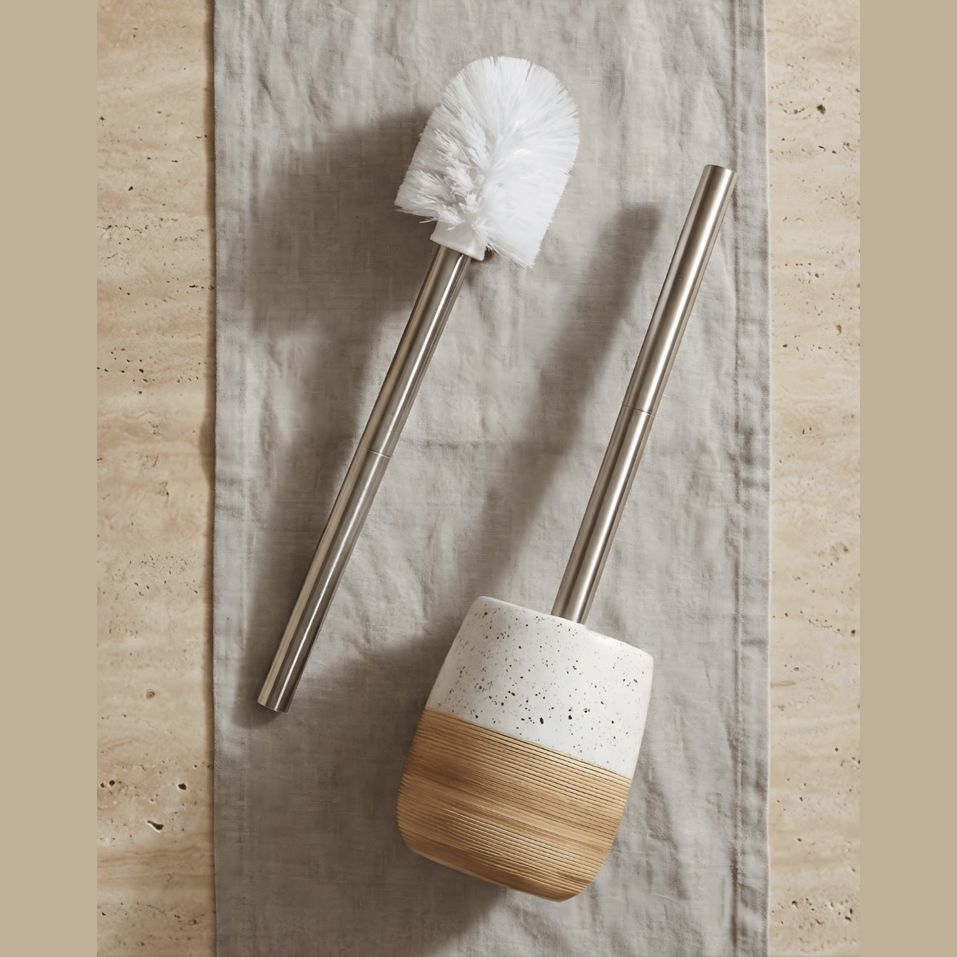 Keramische Toiletborstelset – Houten Textuur Voet – Roestvrijstalen Handvat