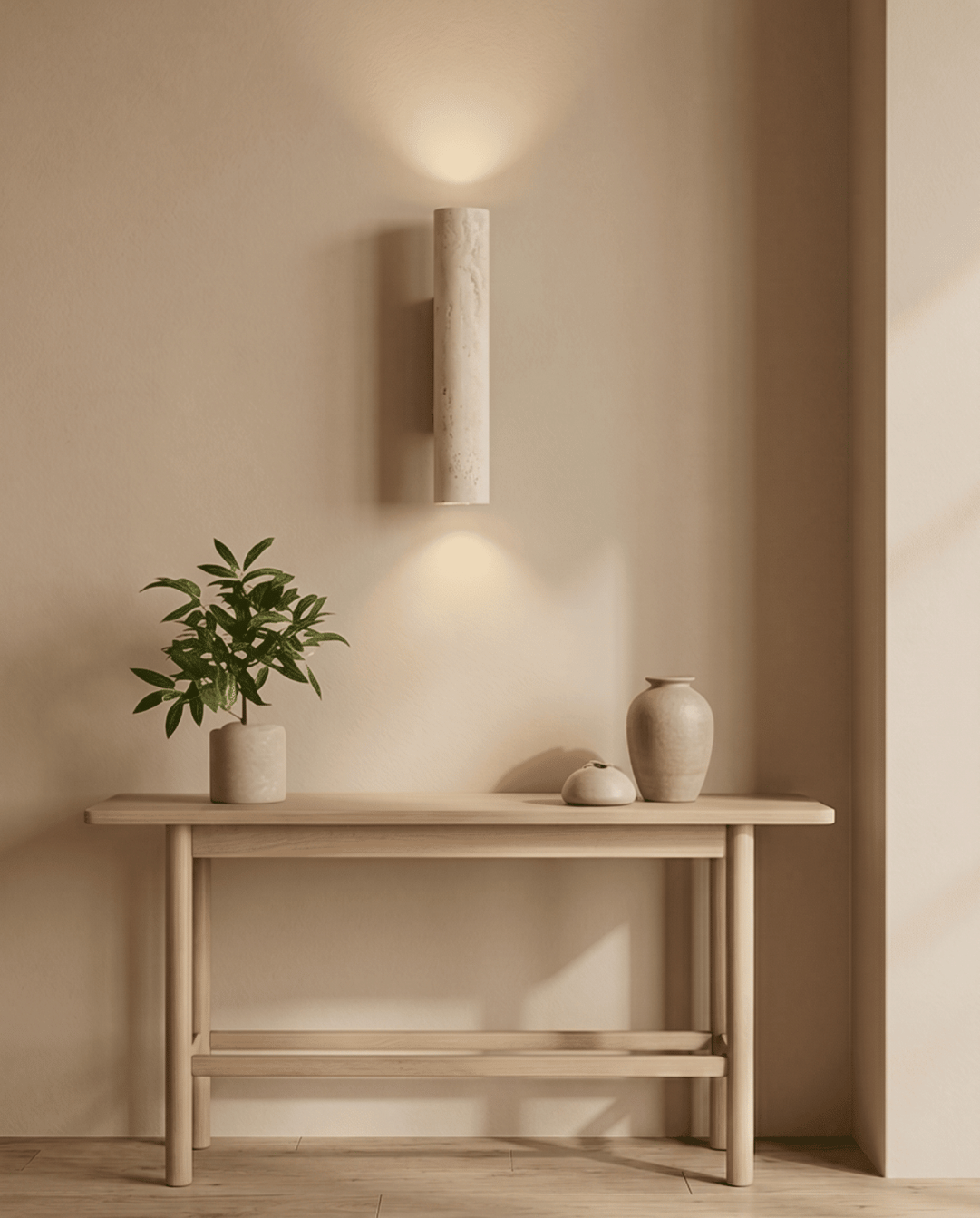 Wandlamp in natuutlijk travertijnsteen en massief hout | - Maison Roze