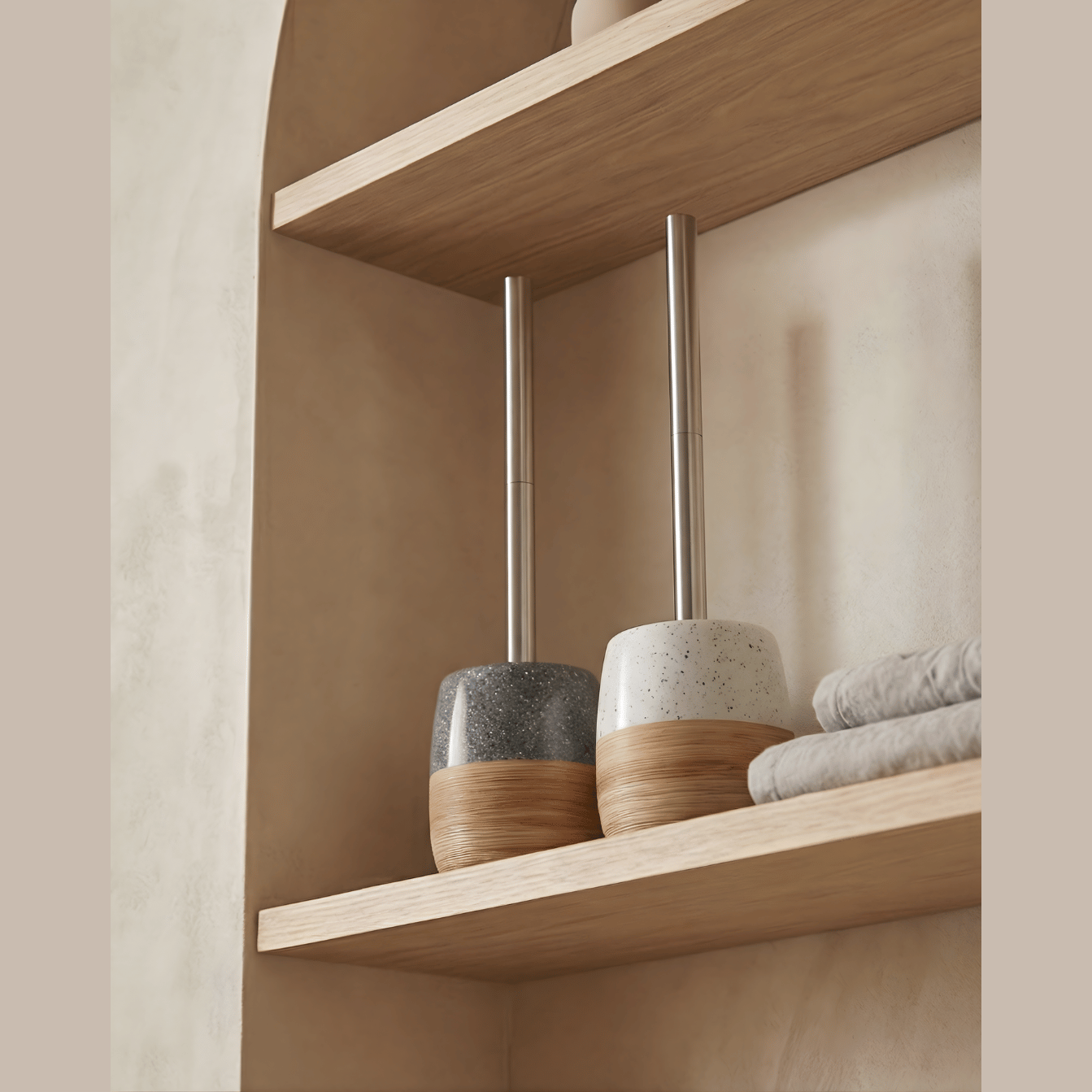 Keramische Toiletborstelset – Houten Textuur Voet – Roestvrijstalen Handvat