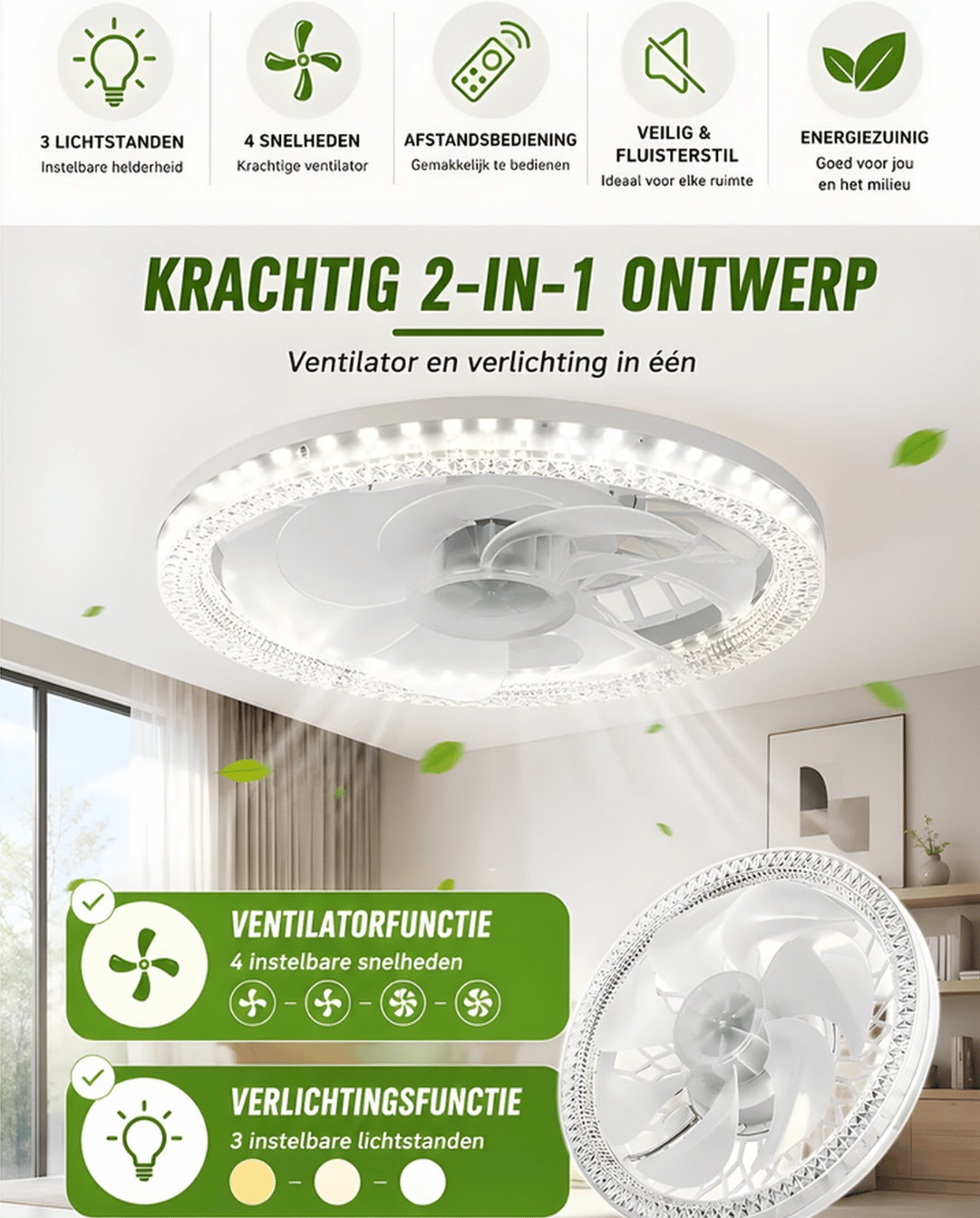 Plafondventilator met Lamp, Dimbare LED en Afstandsbediening, Wit 30cm | - Maison Roze