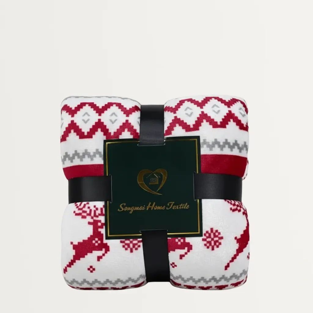 Witte Pluche Kerstdeken – Rode Rendierprint