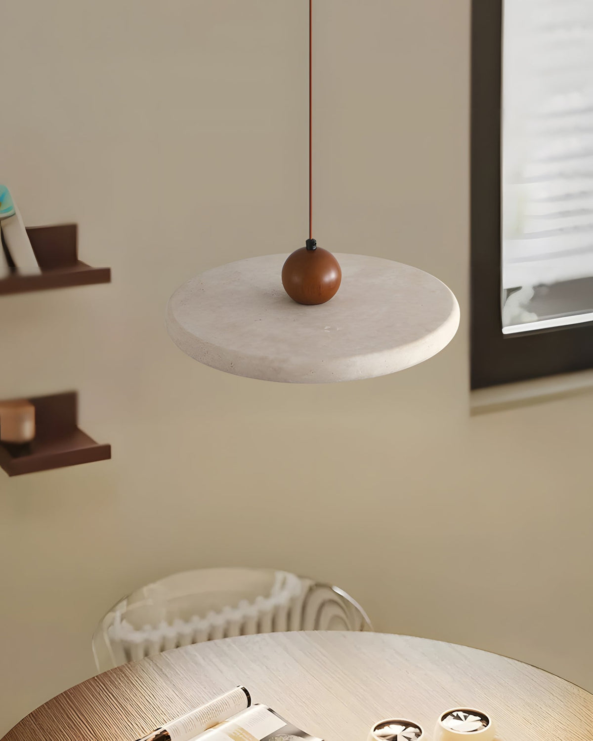 Elvora - Travertin hanglamp met walnoothout - Ø 30 cm | - Maison Roze