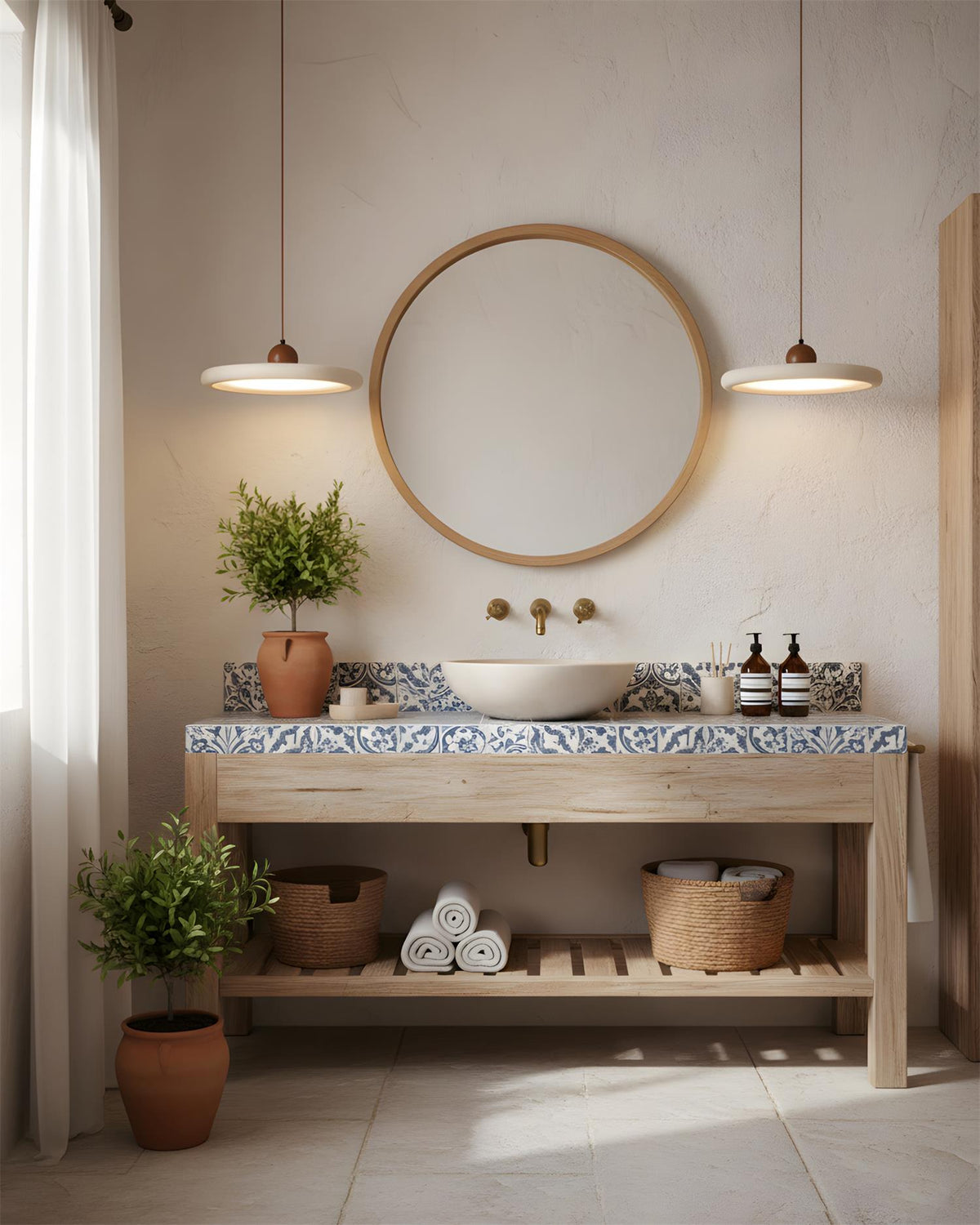 Elvora - Travertin hanglamp met walnoothout - Ø 30 cm | - Maison Roze