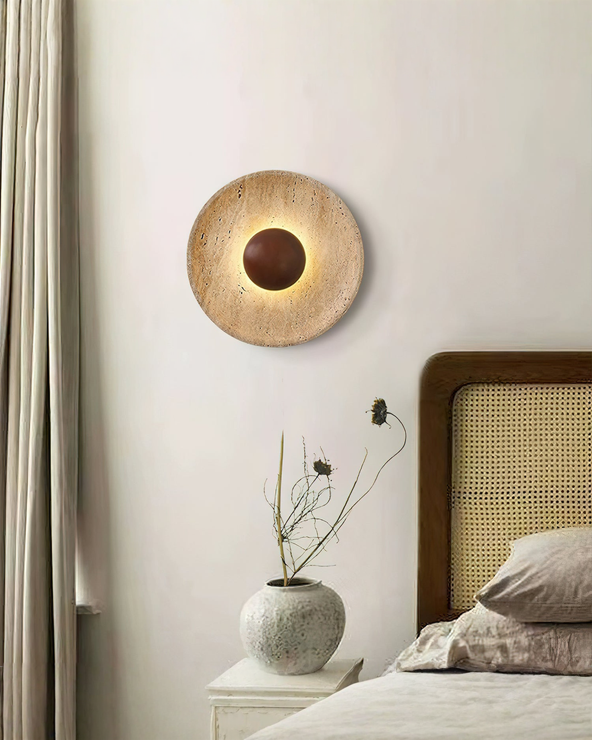 Halo Disc - Travertin wandlamp met hout - Ø 25 cm | - Maison Roze