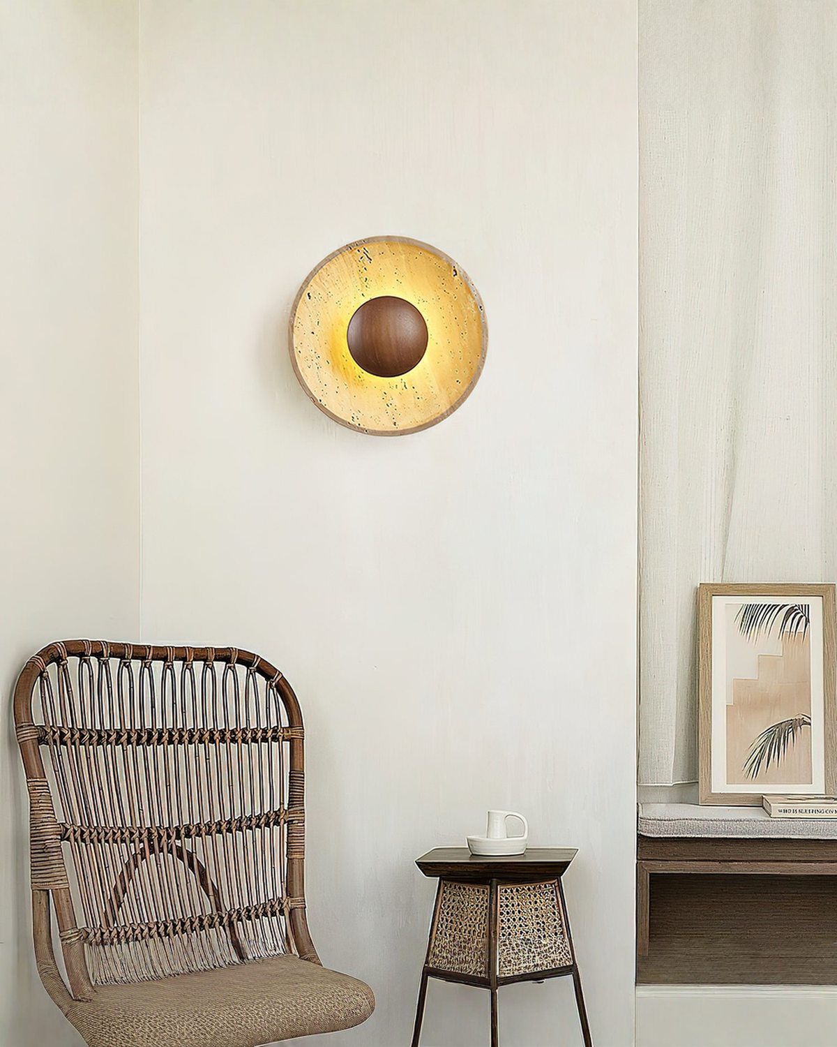 Halo Disc - Travertin wandlamp met hout - Ø 25 cm | - Maison Roze