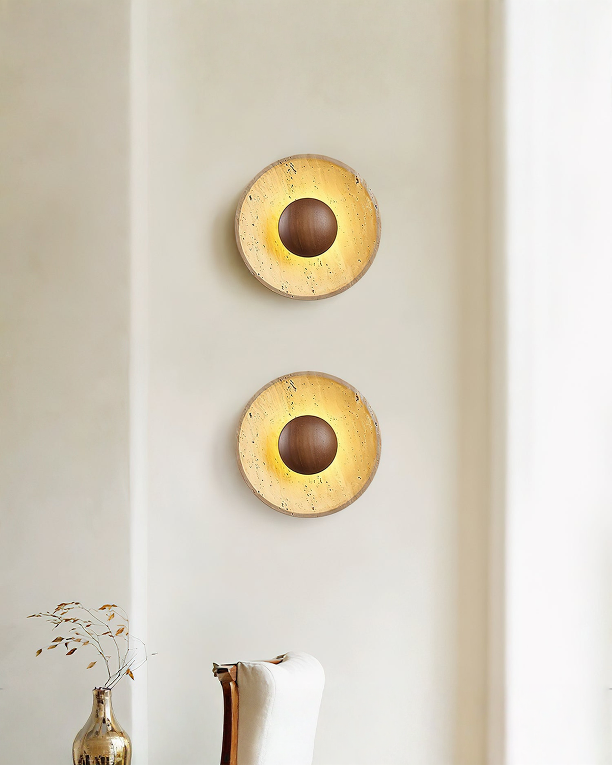 Halo Disc - Travertin wandlamp met hout - Ø 25 cm | - Maison Roze