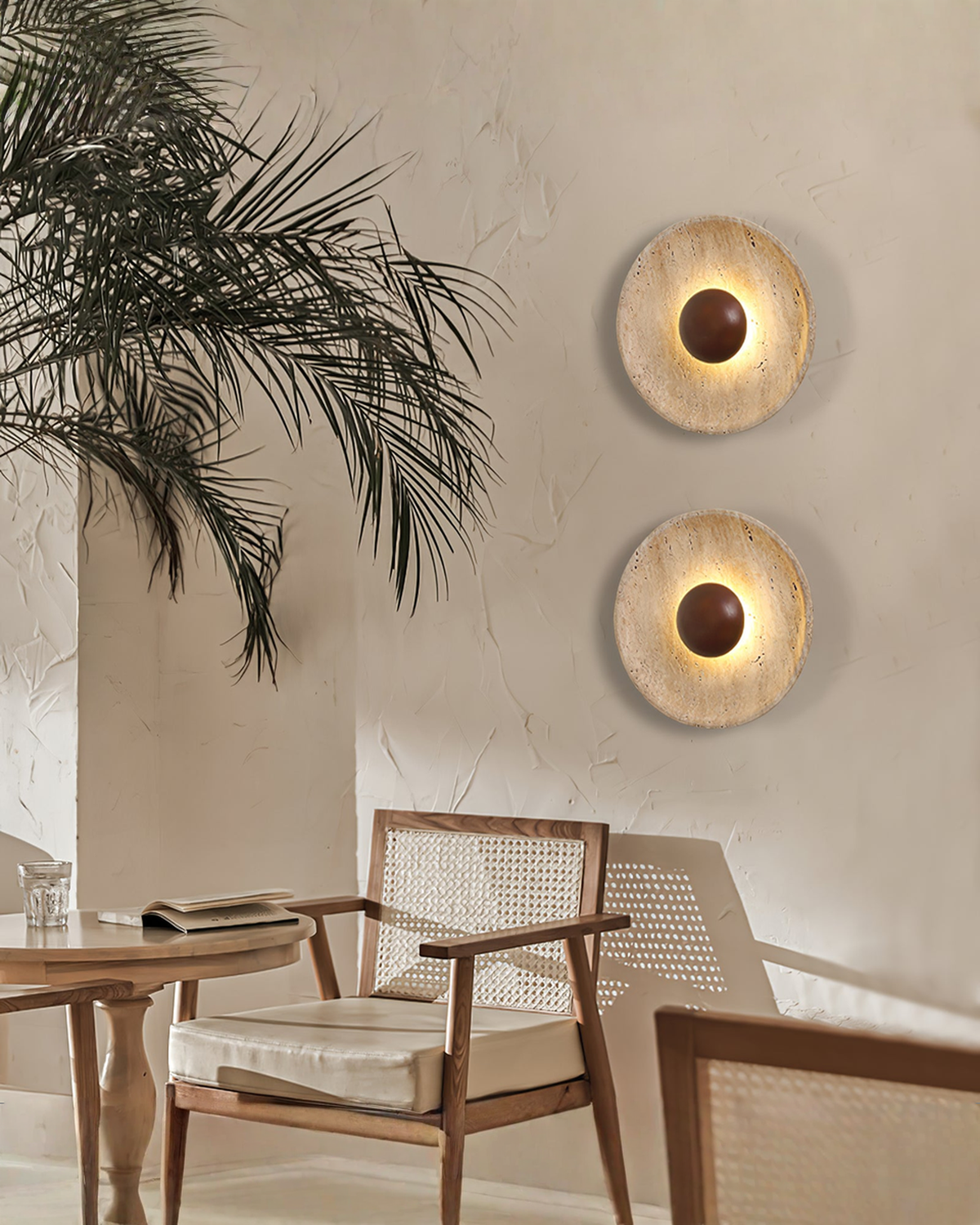 Halo Disc - Travertin wandlamp met hout - Ø 25 cm | - Maison Roze
