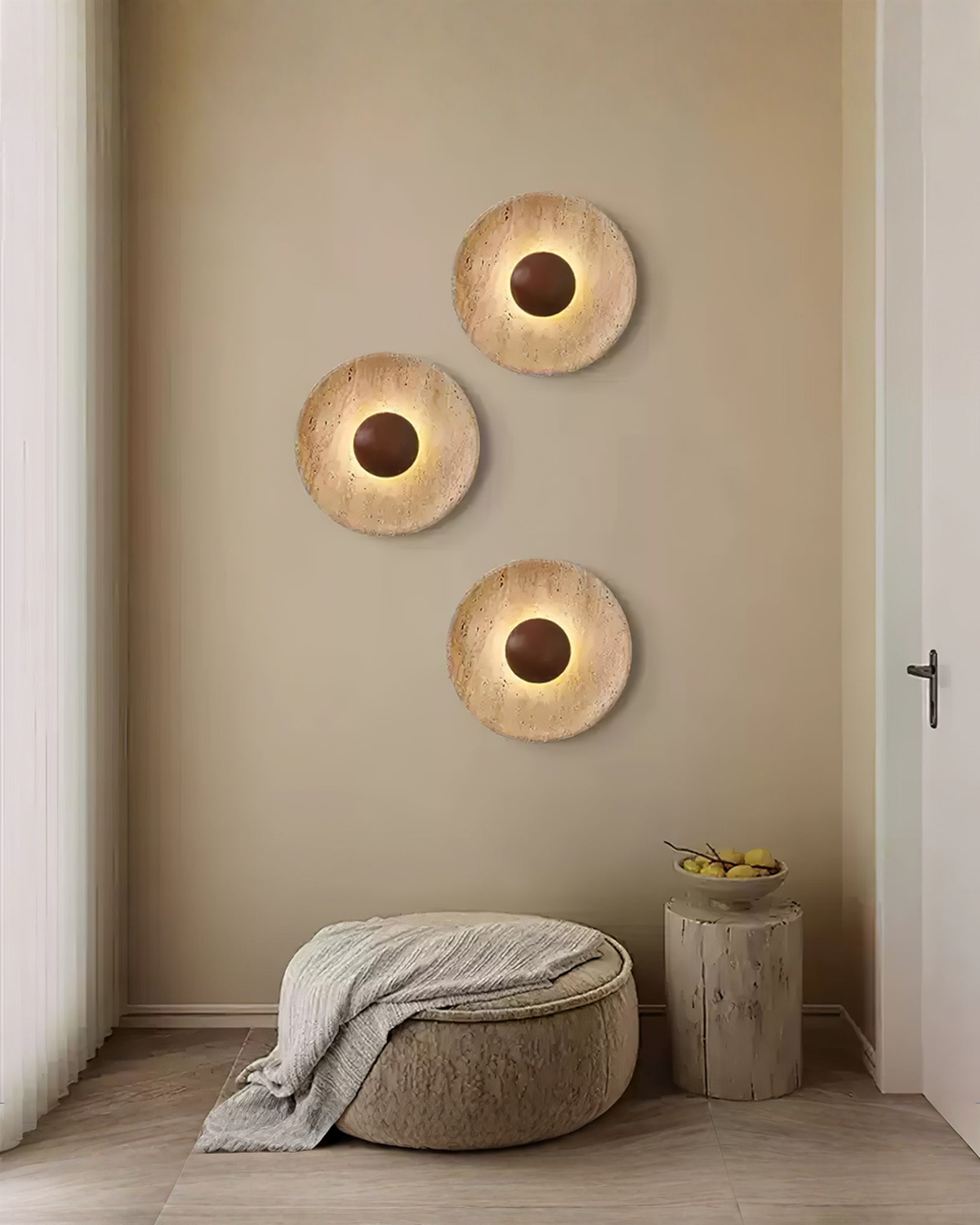 Halo Disc - Travertin wandlamp met hout - Ø 25 cm | - Maison Roze