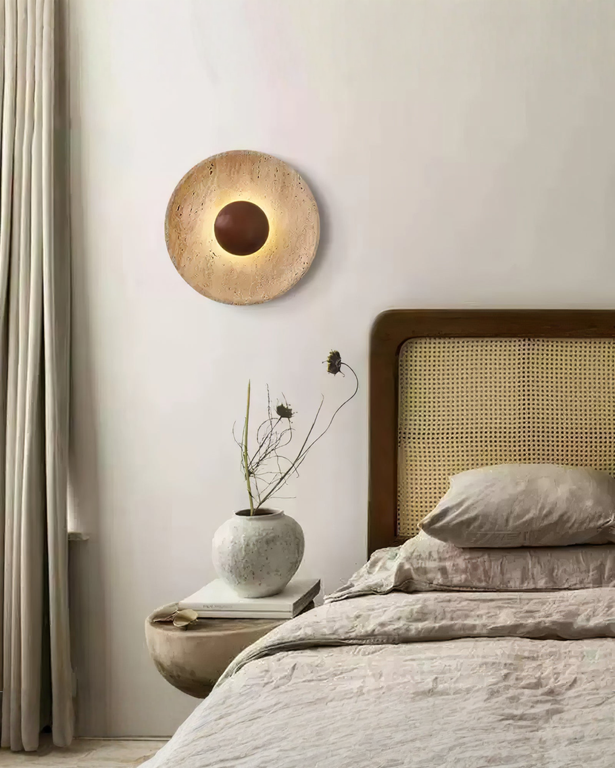 Halo Disc - Travertin wandlamp met hout - Ø 25 cm | - Maison Roze