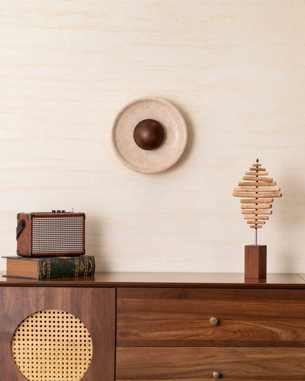 Halo Disc - Travertin wandlamp met hout - Ø 25 cm | - Maison Roze
