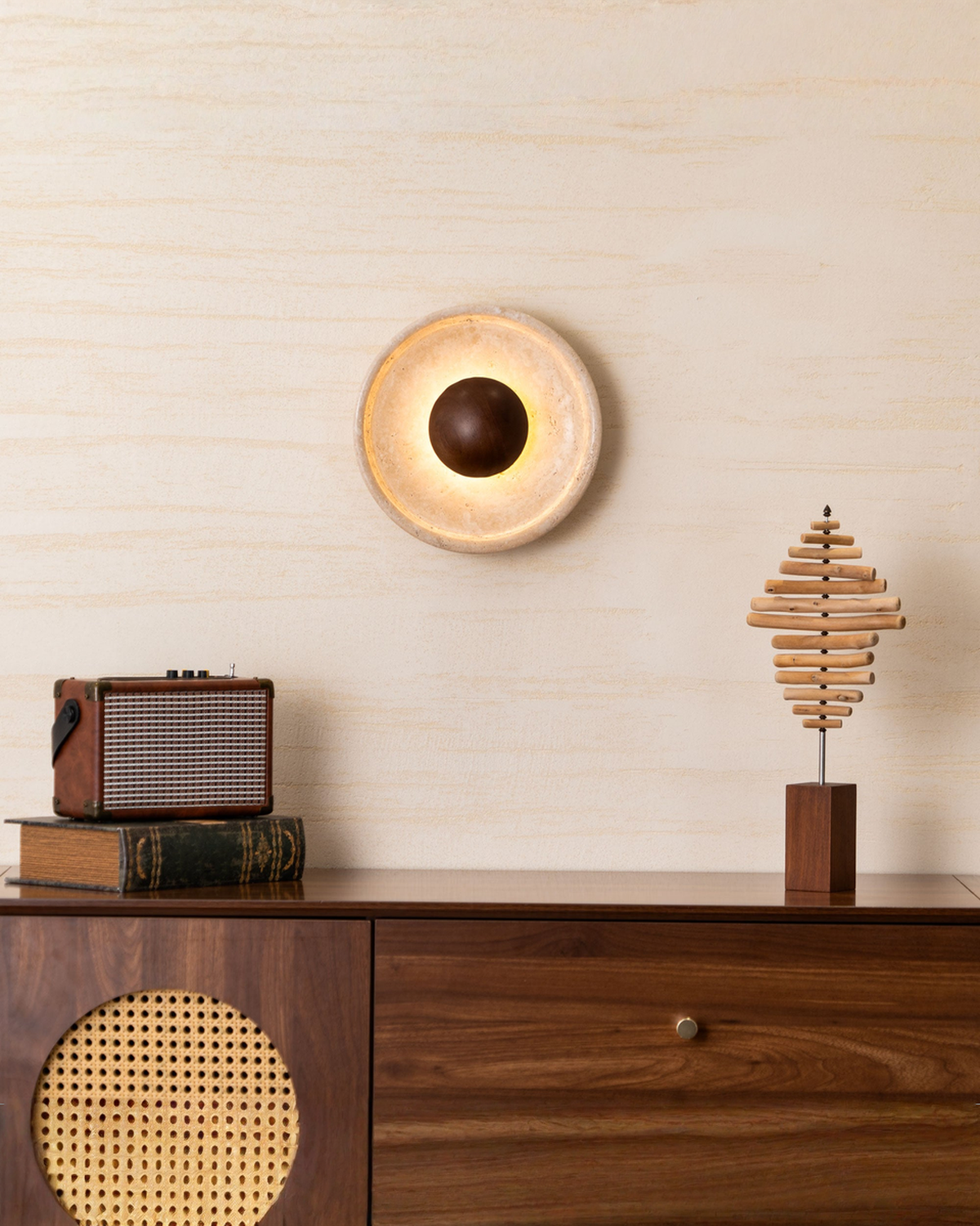Halo Disc - Travertin wandlamp met hout - Ø 25 cm | - Maison Roze
