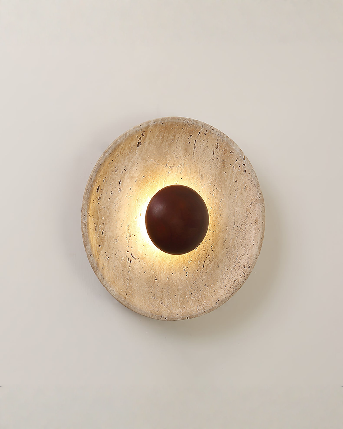 Halo Disc - Travertin wandlamp met hout - Ø 25 cm | Walnoot Warm wit - Maison Roze