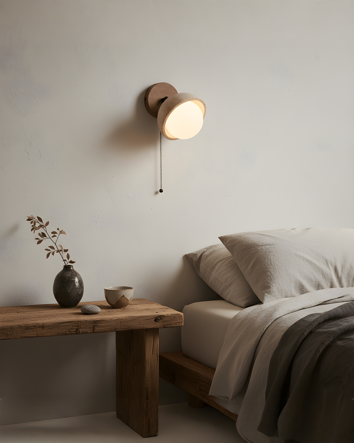 Pecherna - Travertin wandlamp met walnoot en glazen bol | - Maison Roze