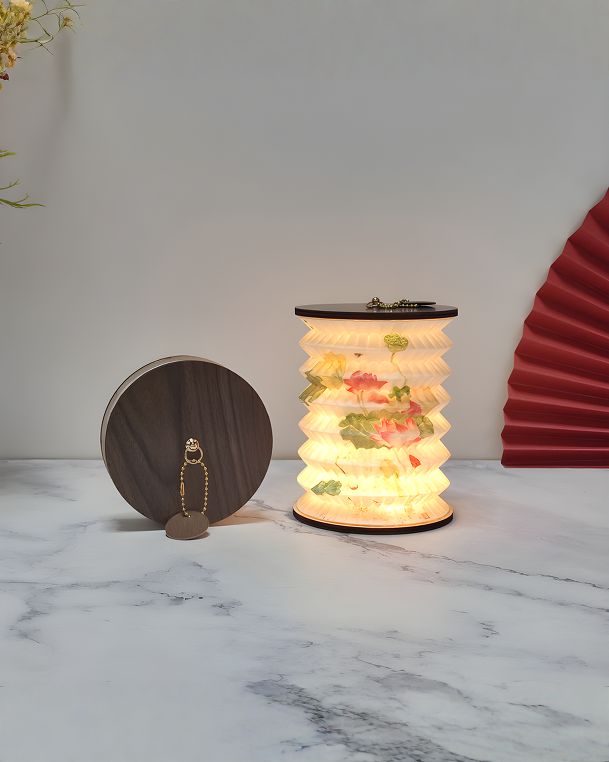 Opvouwbare papieren lampion tafellamp met Chinese print, 16 cm | Motief F - Maison Roze