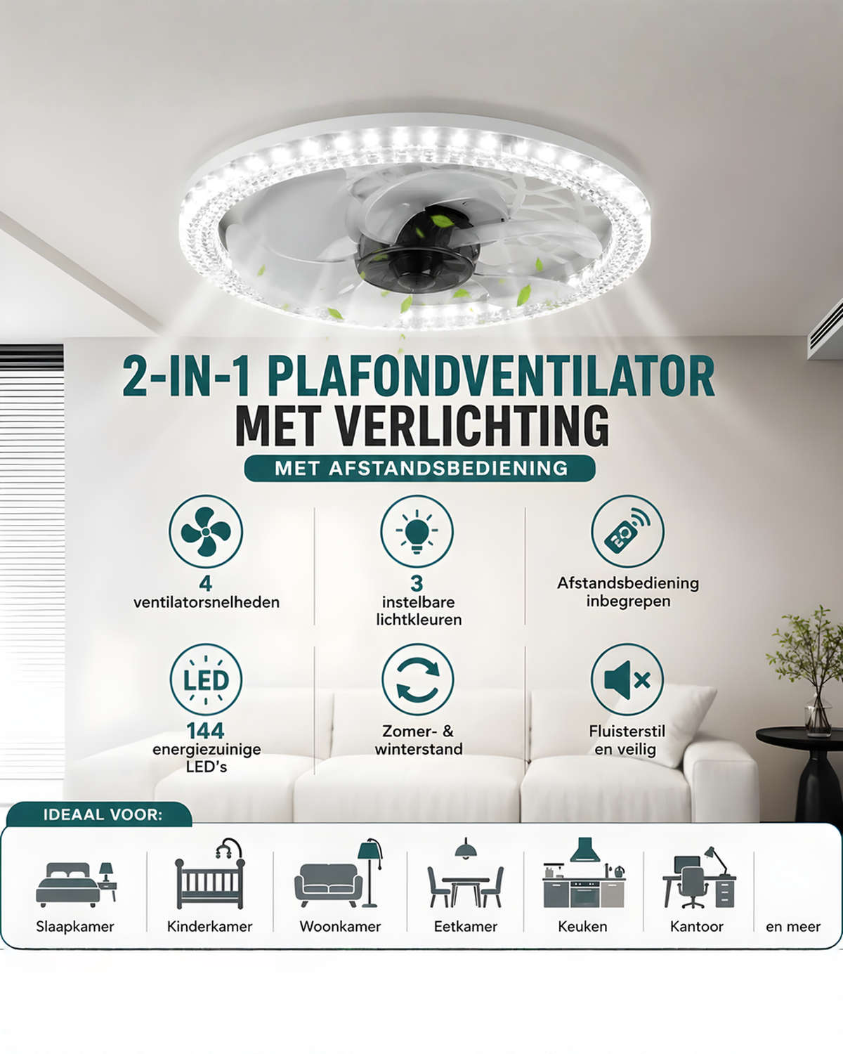 Plafondventilator met Lamp, Dimbare LED en Afstandsbediening, Wit 30cm | - Maison Roze