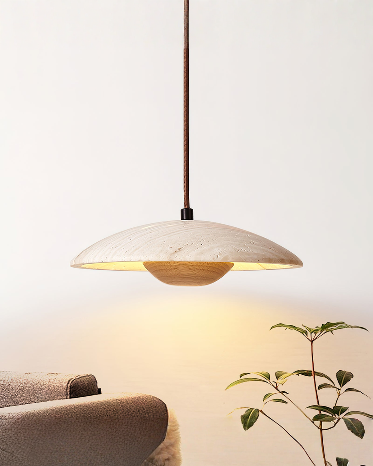 Ronde hanglamp van hout en travertin - Ø 25 cm | - Maison Roze