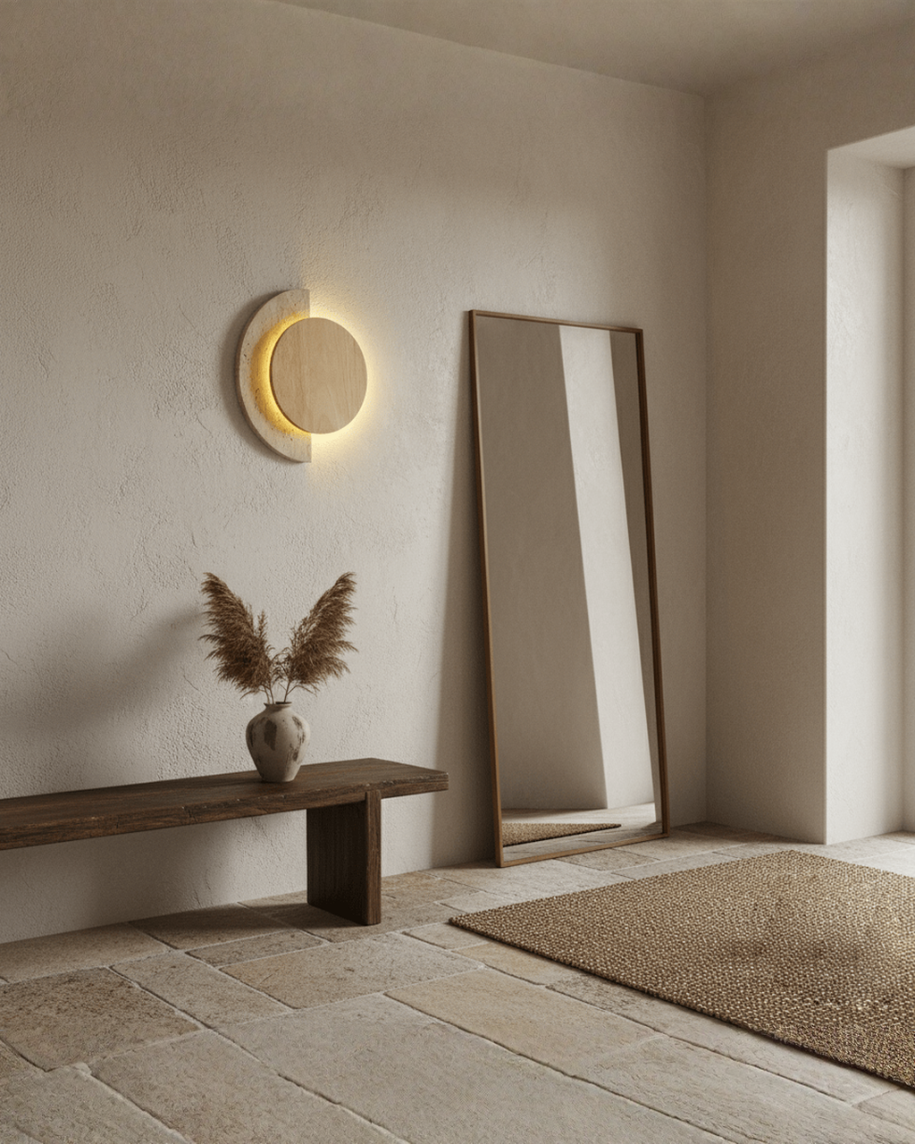 Crescent Halo - Ronde wandlamp van travertin en hout | - Maison Roze