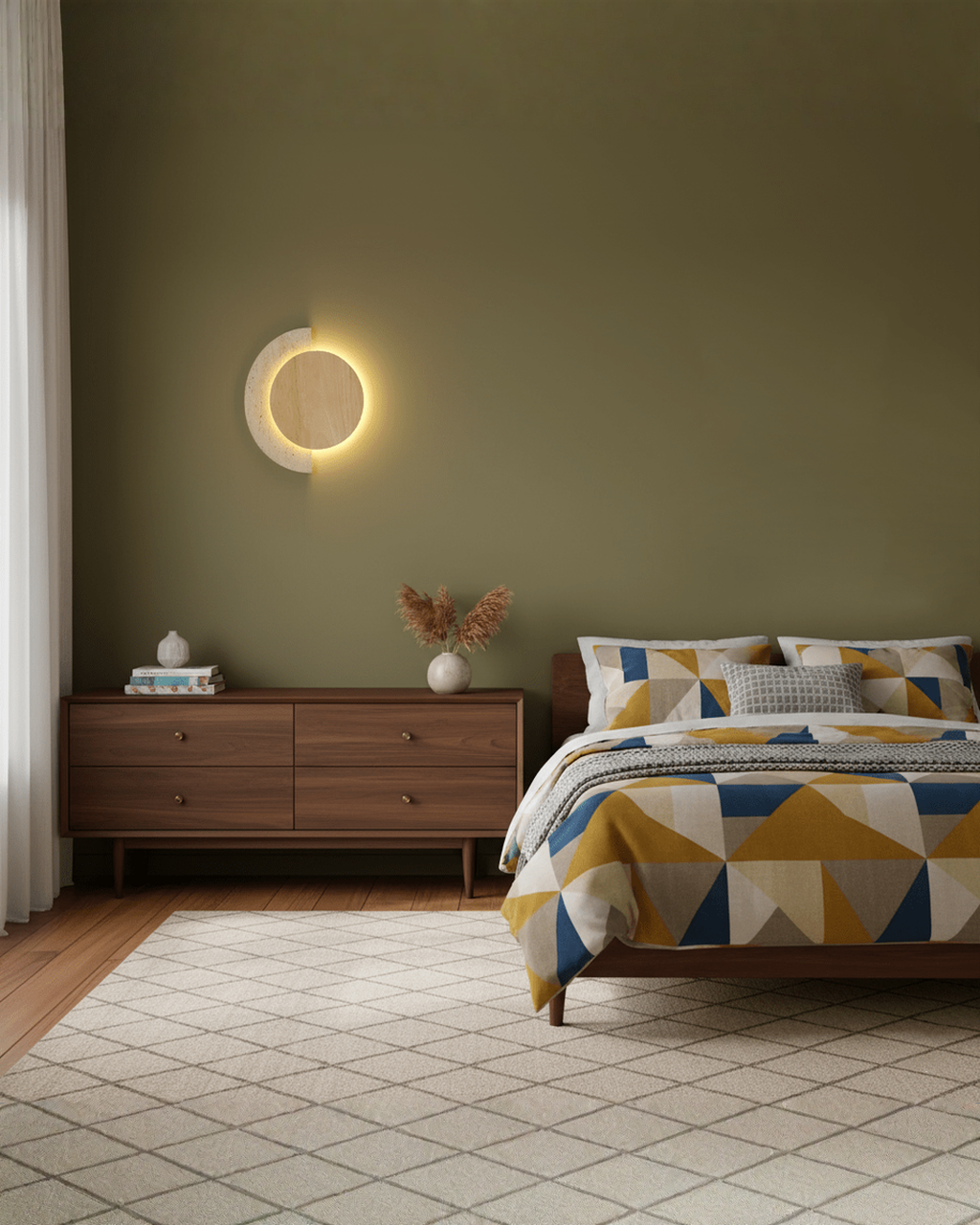 Crescent Halo - Ronde wandlamp van travertin en hout | - Maison Roze