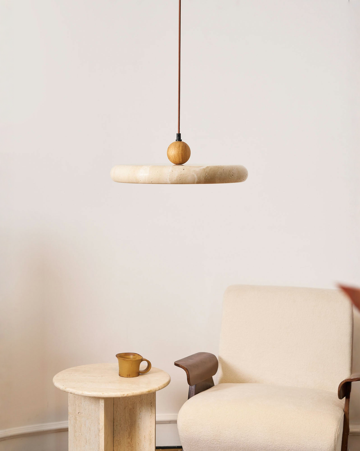 Ronde travertin hanglamp met hout - Ø 30 cm | - Maison Roze