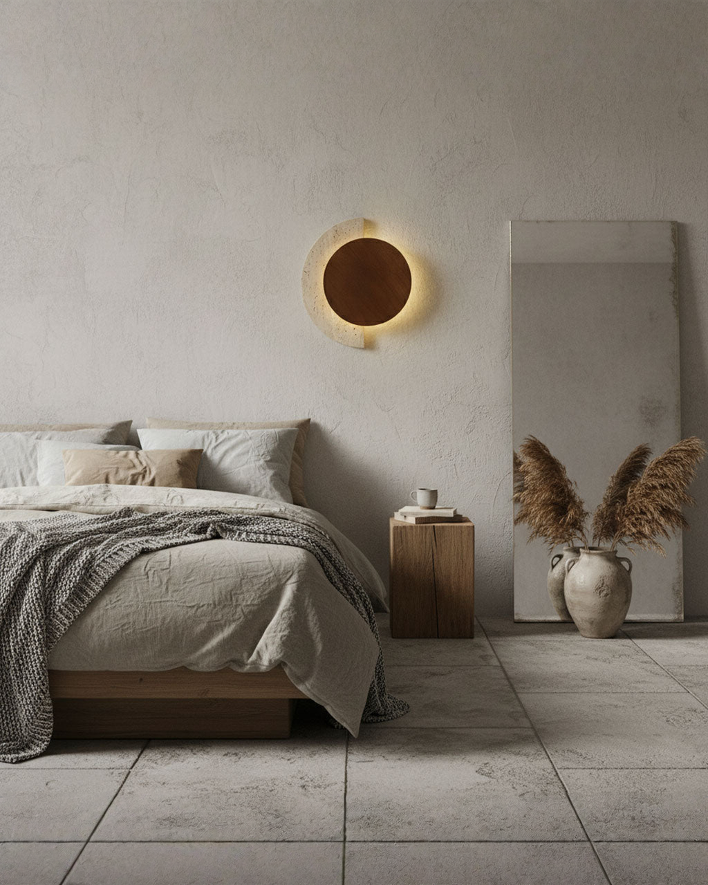 Crescent Halo - Ronde wandlamp van travertin en hout | - Maison Roze