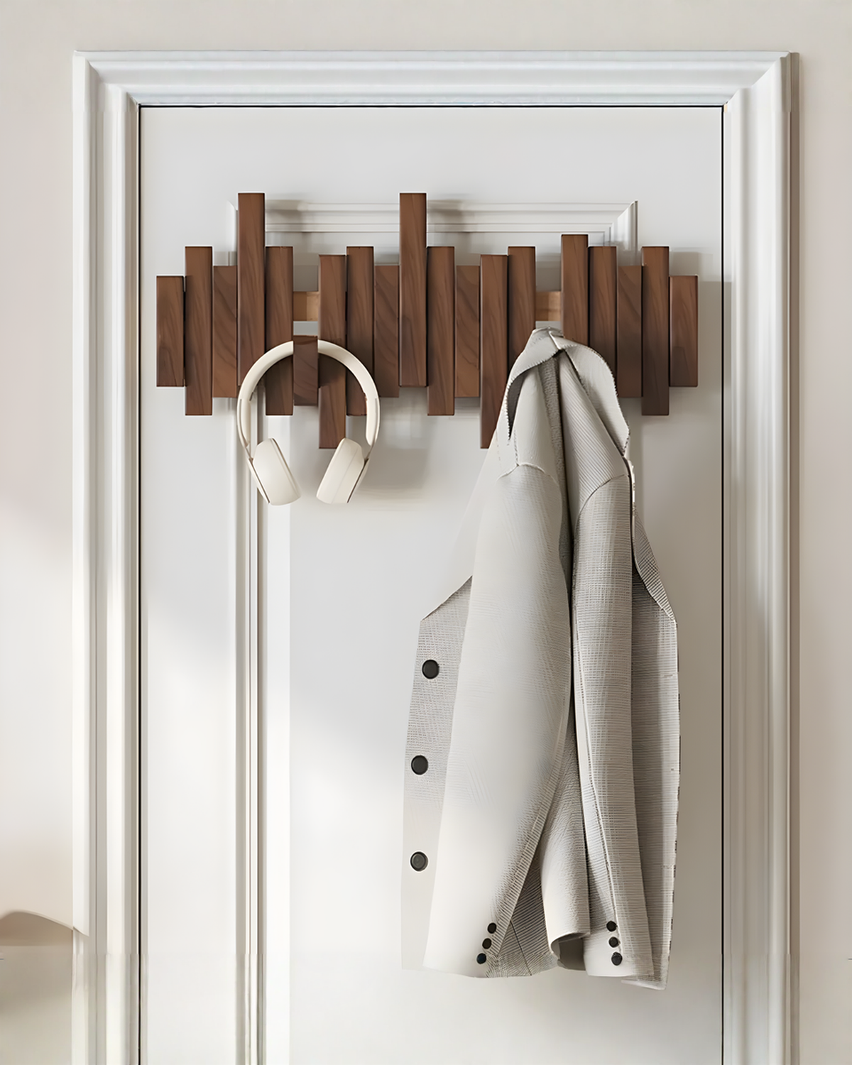 Houten wandkapstok met inklapbare magneethaken – beuken hout, 3 tot 10 haken | - Maison Roze