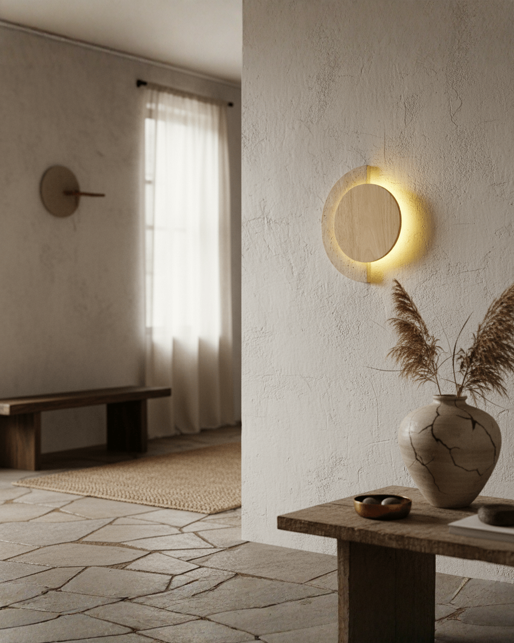 Crescent Halo - Ronde wandlamp van travertin en hout | - Maison Roze