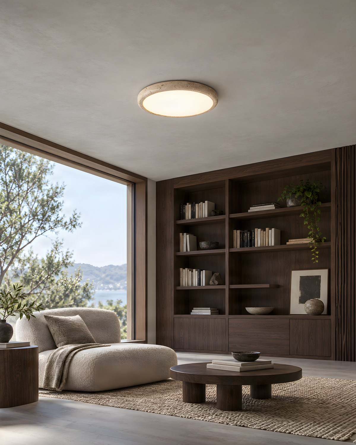 Solis Horizon - Schijfvormige travertin plafondlamp | - Maison Roze