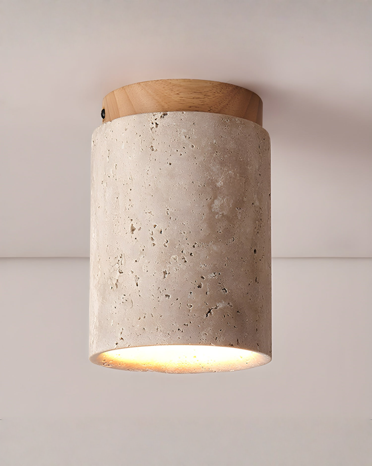 Cilindervormige plafondlamp van travertin en hout | Naturel - Maison Roze
