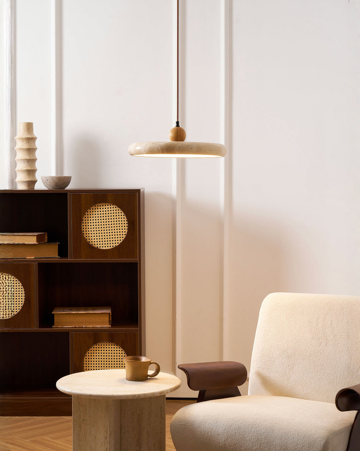 Ronde travertin hanglamp met hout - Ø 30 cm | - Maison Roze