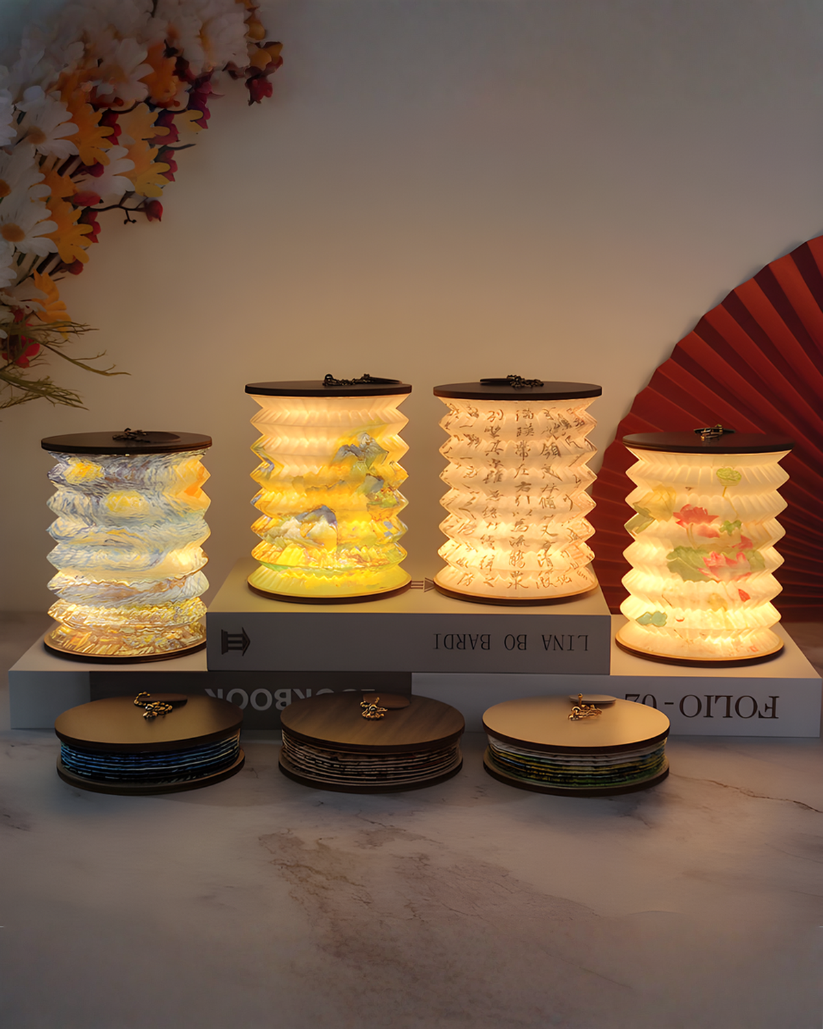 Opvouwbare papieren lampion tafellamp met Chinese print, 16 cm | - Maison Roze